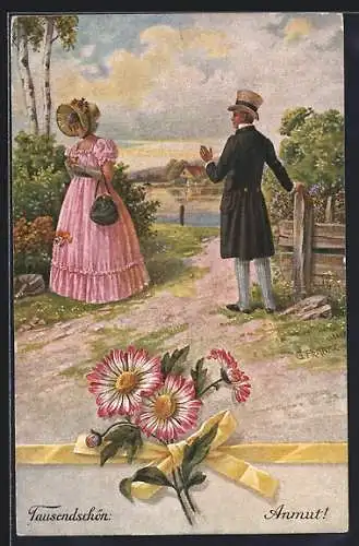 Künstler-AK sign. G. Franke: Liebespaar im Garten, Blumensprache