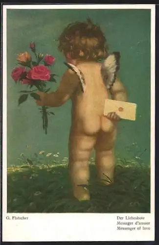Künstler-AK sign. Georg Flatscher: Amor mit Rosen und Liebesbrief