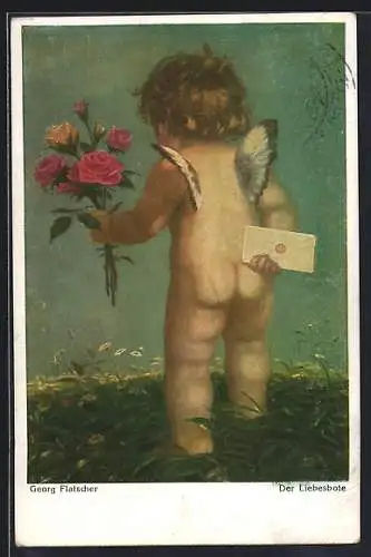 Künstler-AK sign. Georg Flatscher: Amor mit Rosen und Liebesbrief