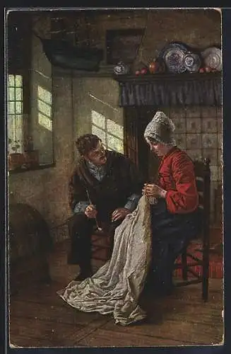 Künstler-AK sign. W. Firle: Schicksalsfrage, Paar in der Küche