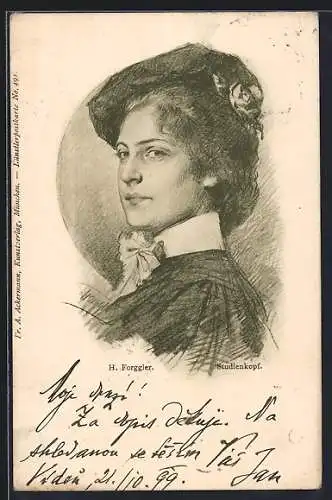 Künstler-AK sign. H. Forggler: Studienkopf Dame mit Hut