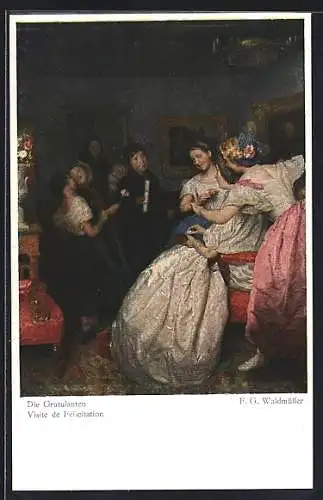 Künstler-AK sign. F. G. Waldmüller: Gratulanten besuchen eine Dame
