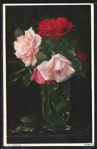 Künstler-AK sign. E. v. Scharku: Rosen, Münchener Kunst-Ausstellung