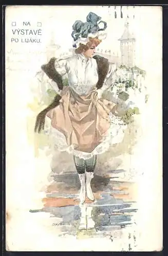 Künstler-AK Prag, Vystave po Lijáku, Ausstellung, Elegante Dame zeigt Bein, Jugendstil