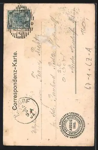 AK Aussig, Allgemeine Deutsche Ausstellung 1903, Alpenpanorama mit beleuchtetem Wasserfall