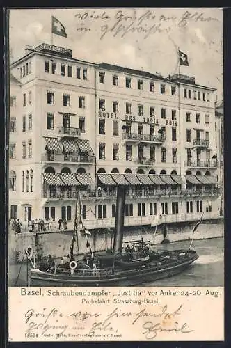 AK Basel, Schraubendampfer Justitia vor Anker, Hotel des Trois Rois