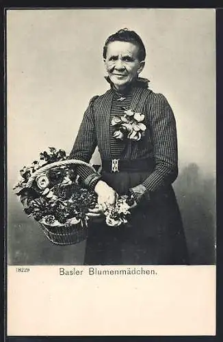 AK Basel, Basler Blumenmädchen mit Korb voller Blüten