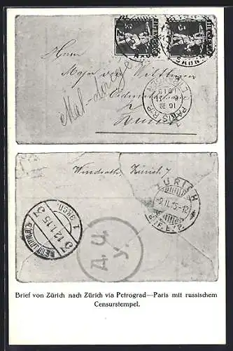 AK Zürich, Briefmarken-Ausstellung 1915, Brief mit russischem Zensurstempel