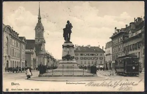 AK Bern, Strassenbahn am Bubenberg-Denkmal