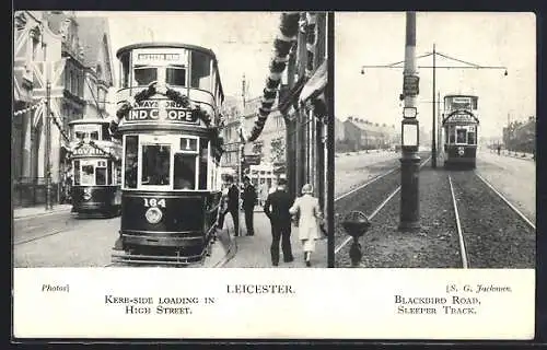 AK Leicester, Kerb-side loading in High Street, Blackbird Road, Sleeper Track, Strassenbahn