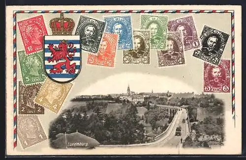 AK Luxemburg, Panorama mit Briefmarken