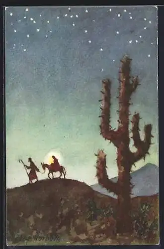Künstler-AK sign. Käthe Norborg: Maria und Josef in der Wüste