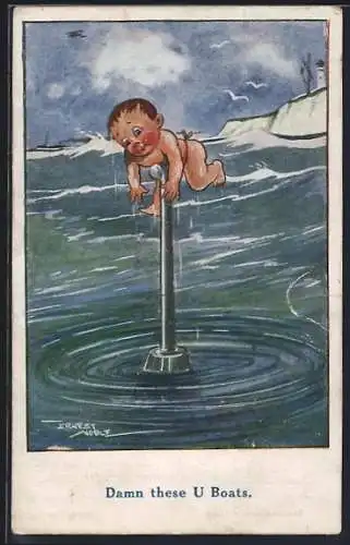 Künstler-AK sign. Ernest Noble: Schwimmendes Kind trifft auf ein U-Boot