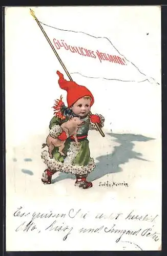 Künstler-AK sign. Jenny Nyström: Kind mit Zipfelmütze und Ferkel, Neujahrsgruss