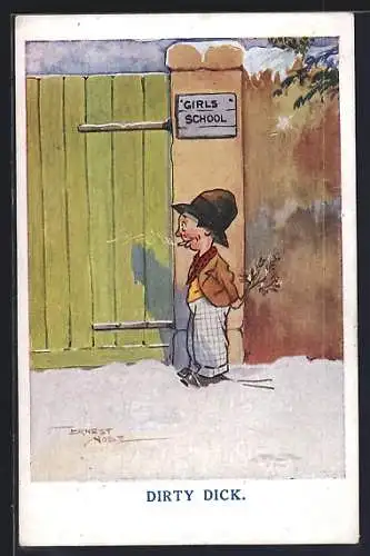 Künstler-AK sign. Ernest Noble: Junge wartet vor einer Mädchenschule