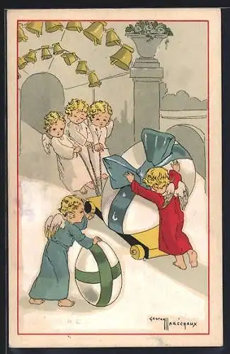 Künstler-AK sign. Gaston Maréchaux: Kleine Engel mit riesigen Ostereiern