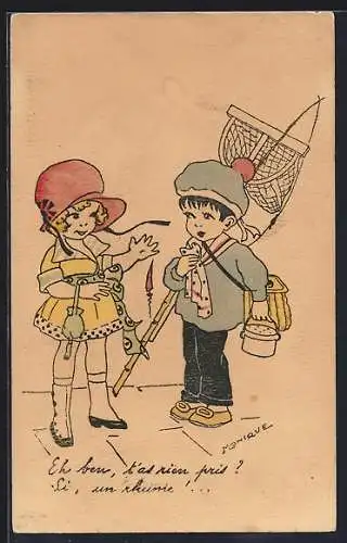 Künstler-AK sign. Monique: Kleiner Junge mit Angelausrüstung