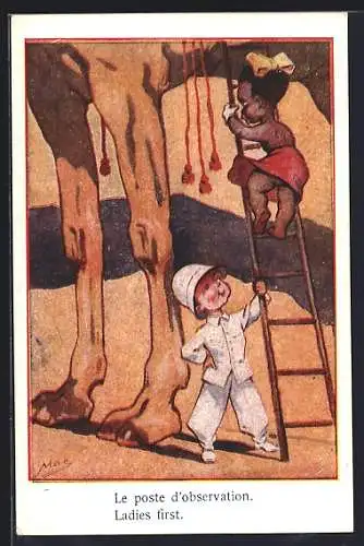 Künstler-AK sign. Mac: Mädchen klettert mit Leiter auf ein Kamel