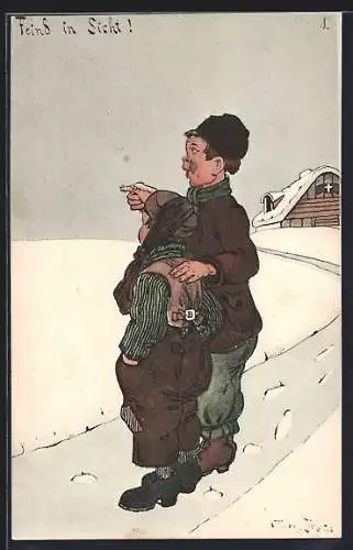 Künstler-AK sign. Mühlen-Schulte: Zwei Jungen im Schnee zeigen in die Ferne, Feind in Sicht