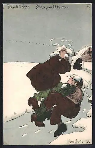 Künstler-AK sign. Mühlen-Schulte: Jungen bei einer Schneeballschlacht