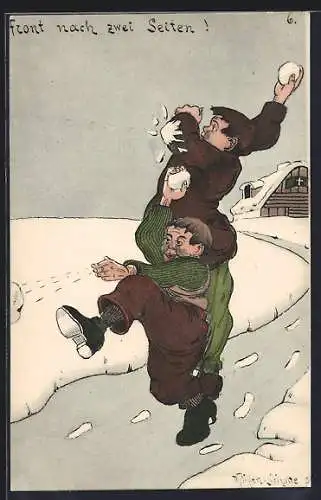 Künstler-AK sign. Mühlen-Schulte: Jungen werfen mit Schneebällen
