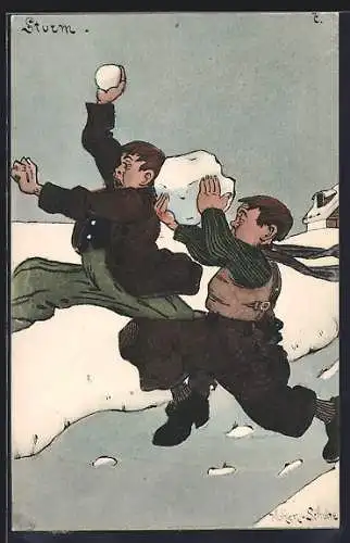 Künstler-AK sign. Mühlen-Schulte: Jungen werfen mit Schneebällen