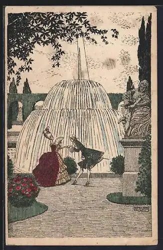 Künstler-AK sign. Hermann Frenz: Barockes Paar in einem Schlossgarten