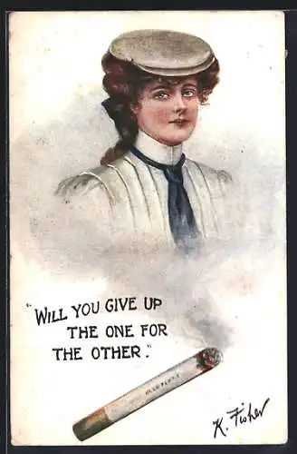 Künstler-AK sign. K. Floher: Frauenporträt und Zigarette, Will you give up one for the other