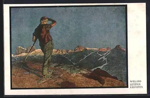 Künstler-AK sign. Wieland: Letztes Leuchten, Wanderer in den Bergen