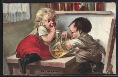 Künstler-AK sign. K. Rummel: Zwei Kinder naschen aus einem Honigtopf