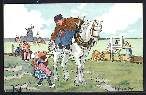 Künstler-AK High and Dry, niederländische Bauern in Tracht mit Kähnen u. Pferd
