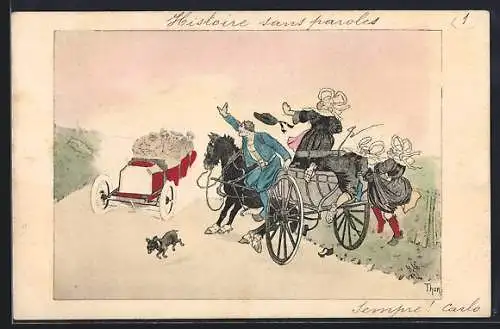 Künstler-AK sign. Thor: Auto fährt einer Kutsche entgegen