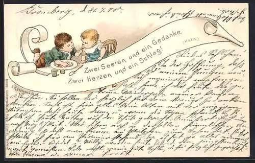 Künstler-AK sign. J. Kleinmickel: Junge füttert seinen kleinen Bruder