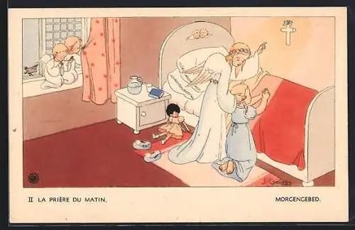 Künstler-AK sign. J. Gouppy: Engel und Kind beim Gebet