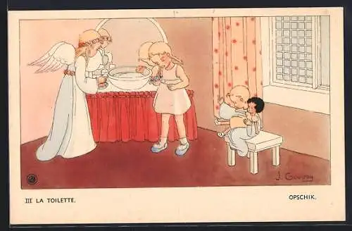 Künstler-AK sign. F. Gouppy: Engel wacht über Mädchen vor dem Zubettgehen