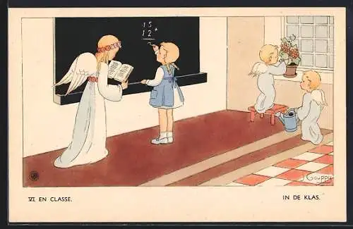Künstler-AK sign. J. Gouppy: Engel und Mädchen in der Schule