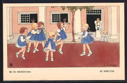 Künstler-AK sign. J. Gouppy: En Récréation, Schulpause, Engel