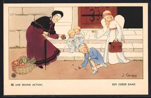 Künstler-AK sign. J. Gouppy: Une Bonne Action, Mädchen hilft einer alten Frau