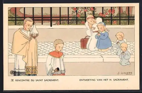 Künstler-AK sign. J. Gouppy: Engel und Mädchen knien am Strassenrand, Rencontre du Saint Sacrement
