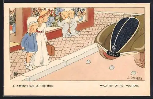 Künstler-AK sign. J. Gouppy: Schutzengel begleitet ein Mädchen auf dem Schulweg
