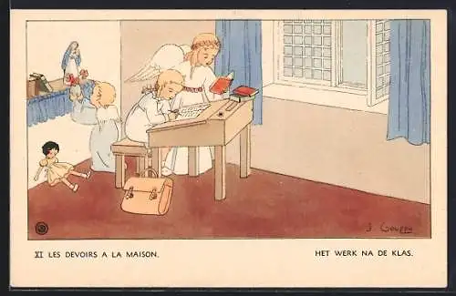 Künstler-AK sign. J. Gouppy: Engel hilft Mädchen beim Lernen