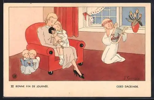 Künstler-AK sign. J. Gouppy: Mutter und Tochter schlafen zum Harfenspiel eines Engels