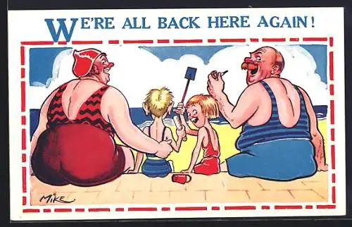 Künstler-AK sign. Mike: Dickes Ehepaar mit dünnen Kindern am Strand