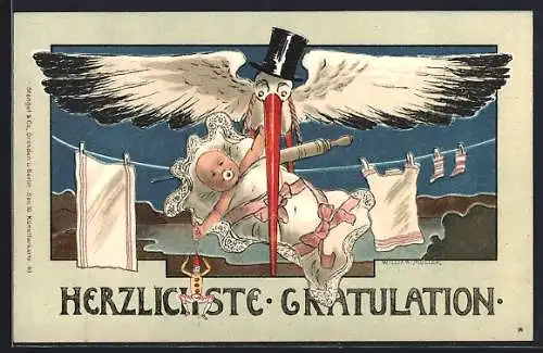 AK Storch bringt Neugeborenes, Herzlichste Gratulation