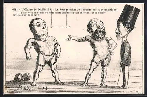 AK Karikatur La Regeneration de l`homme par la gymnastique, dünner Mann betrachtet einen muskulösen