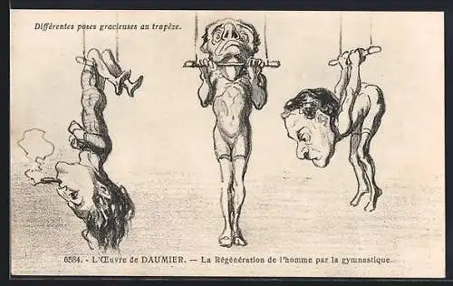 AK Karikatur Differentes poses gracieuses au trapeze