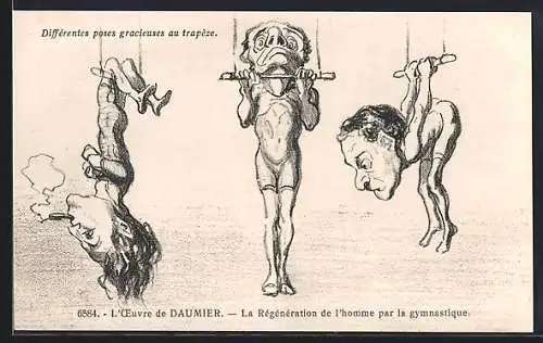 AK Karikatur Differentes poses gracieuses au trapeze