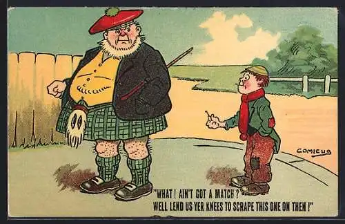 Künstler-AK sign. Comicus: Junge bietet einem Schotten ein Streichholz an