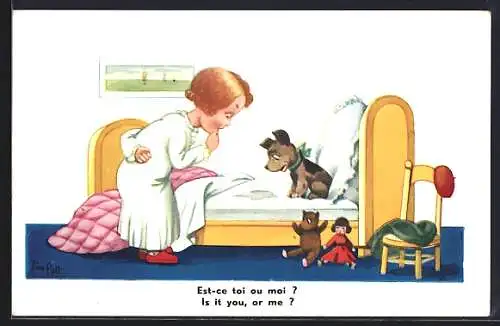 Künstler-AK sign. Jim Patt: Mädchen und Hund betrachten nasses Bett