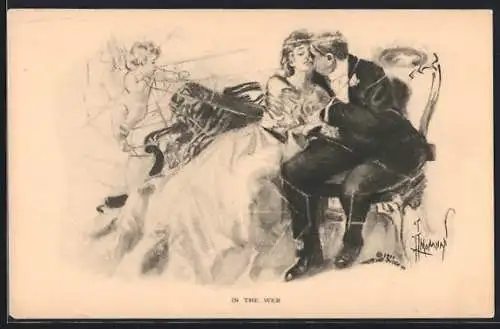 Künstler-AK sign. Monahan: Amor schwebt über einem Paar